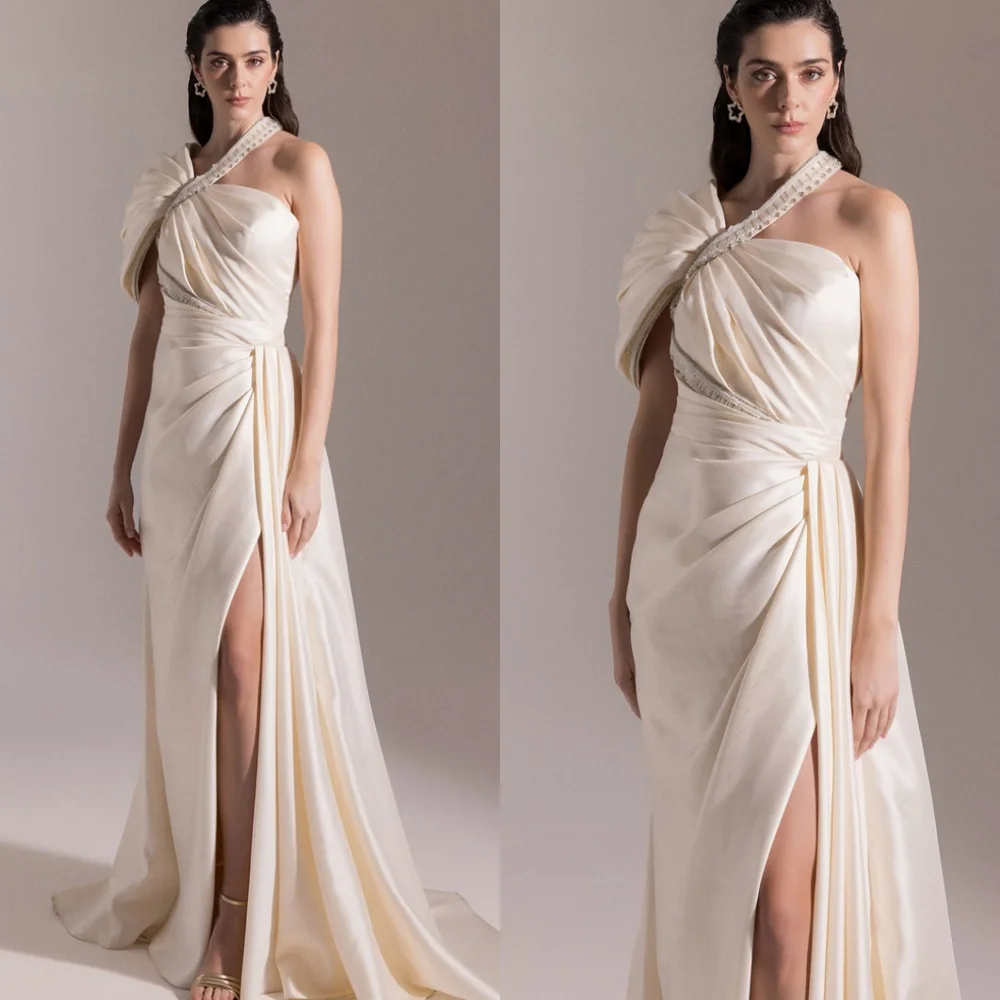 

Customized Classic Ivory Satin Evening Dress High Quality Lrregular Collar Type Off the Shoulder Short Sleeves Homecoming Dress