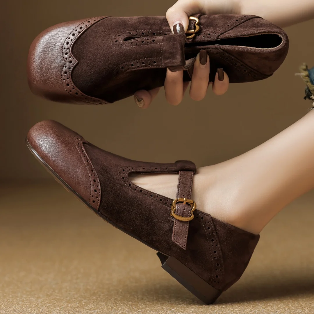 

Women's genuine leather round toe narrow band t-strap slip-on flats loafers carving British style casual female soft daily shoes