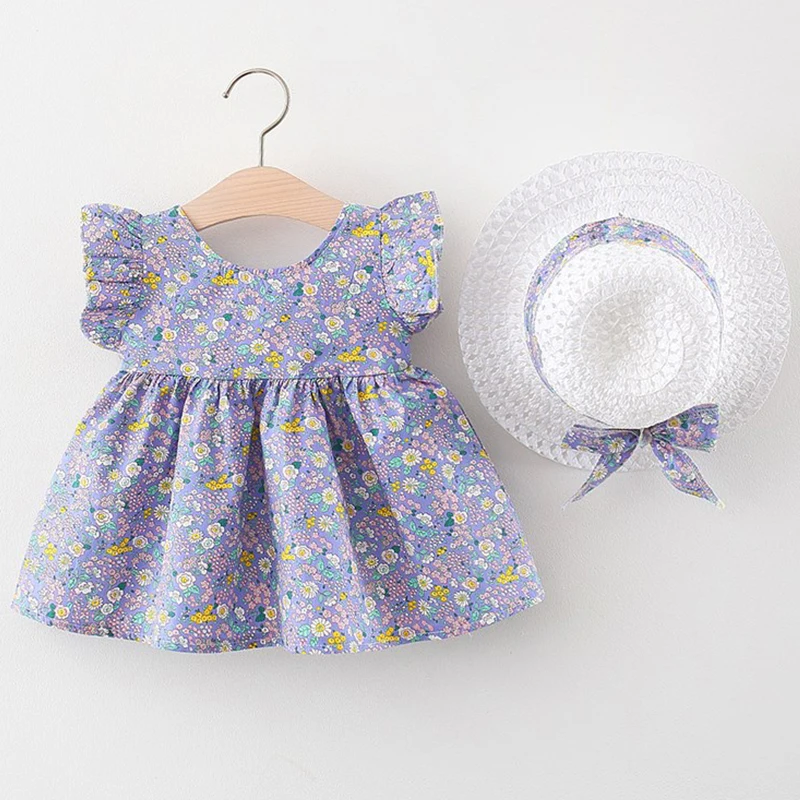 2 peça bebê recém-nascido da menina roupas de verão coreano bonito flores sem mangas algodão infantil princesa vestido + sunhat vestidos da criança