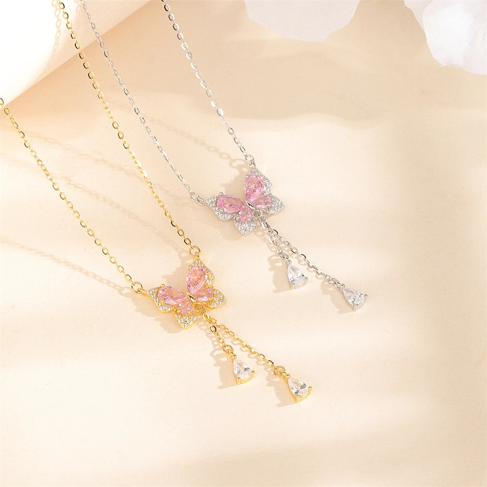 

S925 Sterling Silver Women's Mountain and Sea Oath Butterfly Necklace Tassel Pendant Sweet Jewelry