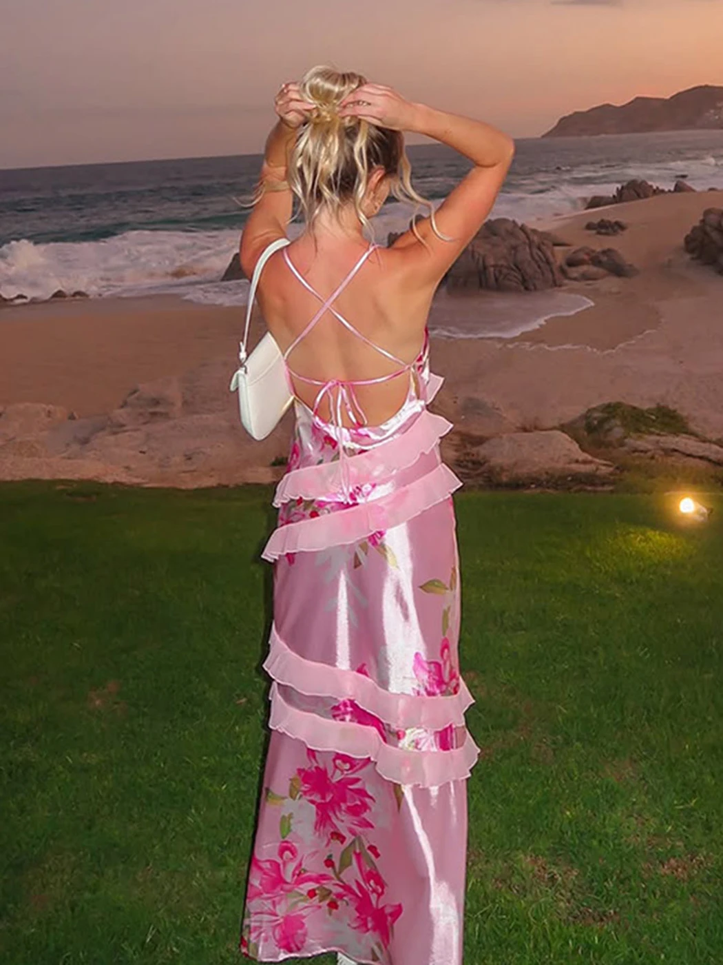 Em camadas babados retalhos vestidos de impressão floral feminino verão com decote em v sem mangas cinta sexy robes elegante vestido de festa à noite