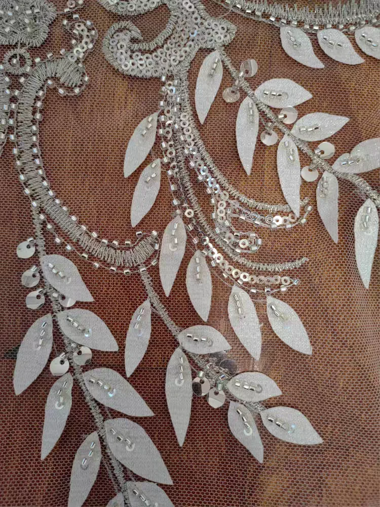 New White Sequined 3D Leaves Pattern Sequined Beaded Soft Lace Fabric Wedding Dress