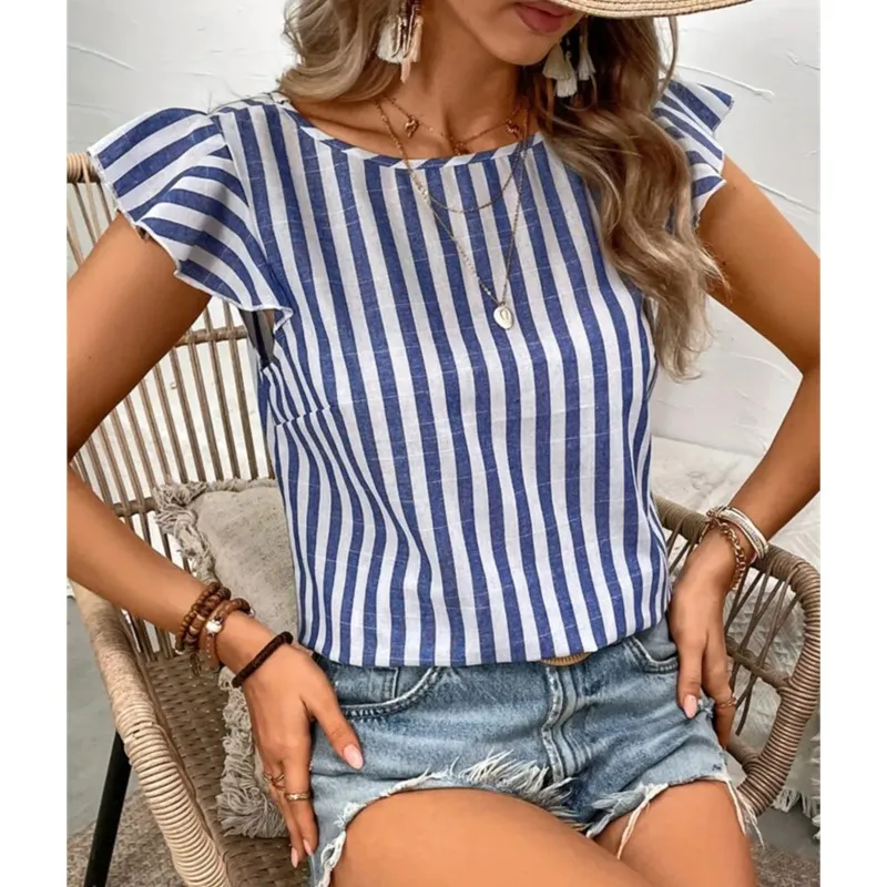 Flying Sleeve Top Women's Loose T-shirt Women's Spring And Summer Women's Clothing Striped V-neck Back Button Decoration T-shirt