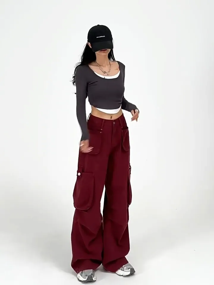 Vintage Red Cargo Jeans Women Streetwear Fashion Korean Style Burgundy Baggy Punk Pants Multi-Pocket Trousers y2k pants