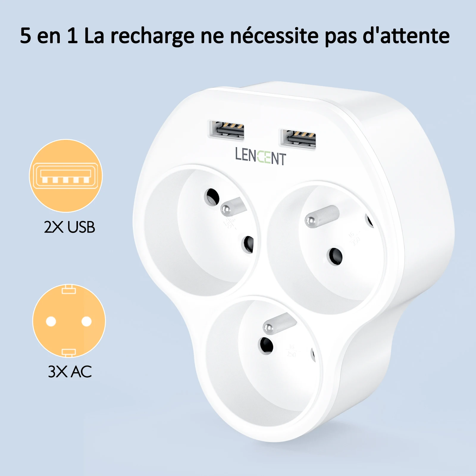 LENCENT FR to EU Multiple Wall Socket Charger with 3 AC Outlets + 2 USB Ports 5 in1 Adapter  Overload Protection for Home/Office