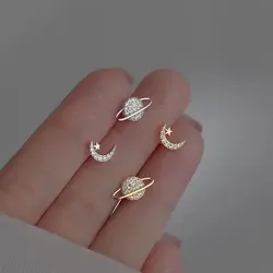 Simple Piercing Stud Earrings for Women Star Moon Zircon 925 Silver Needles Tragus Cartilage Asymmetry Pendiente Plata Jewelry