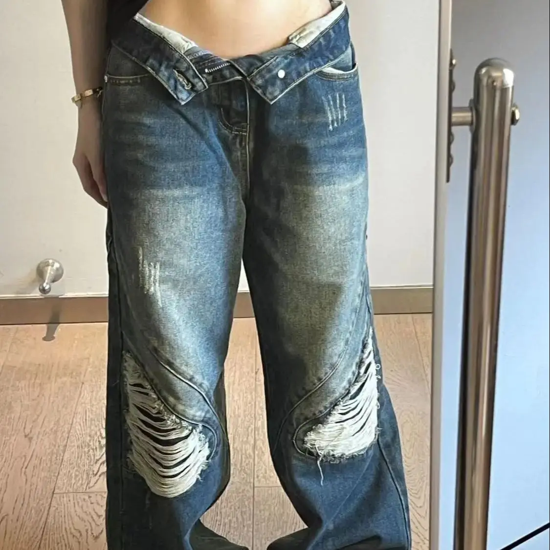 American Retro Beggar Ripped Jeans Women Autumn High Street Design High Waist Straight Loose Draped Wide-Leg Pants