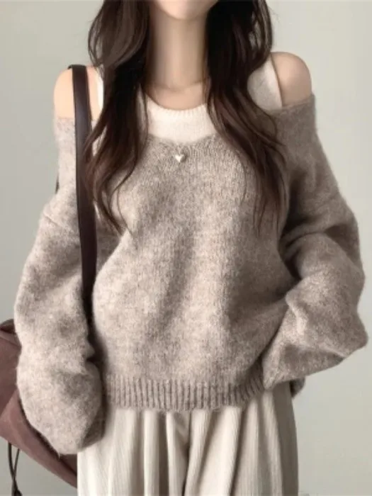 Afashion Korean Gentle Style Shoulder-baring Knitted Sweater Two-piece Set Women's Loose Versatile Outerwear Fashionable Autu