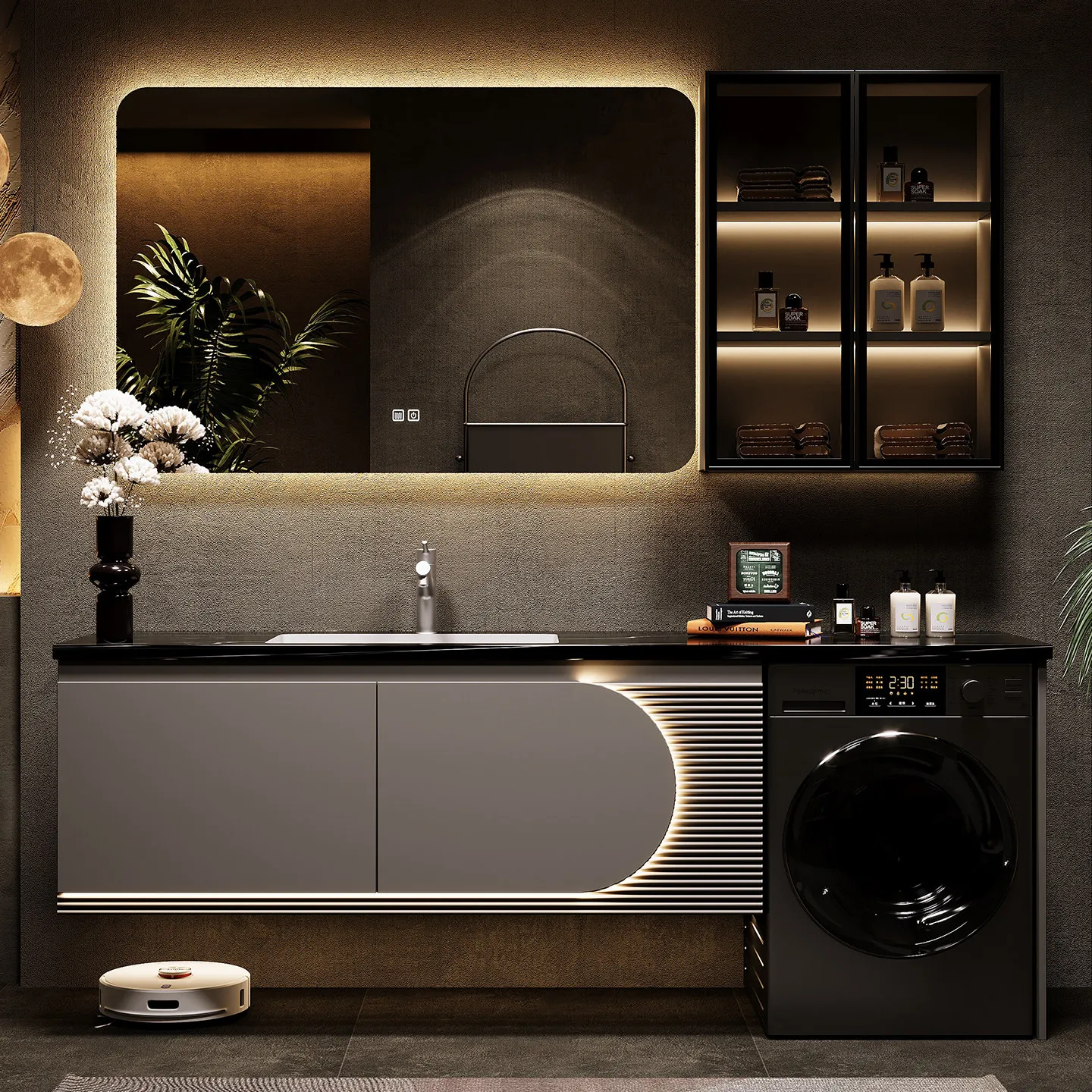 Balcony oak washing machine integrated cabinet, bathroom cabinet combination, bathroom slate washbasin cabinet