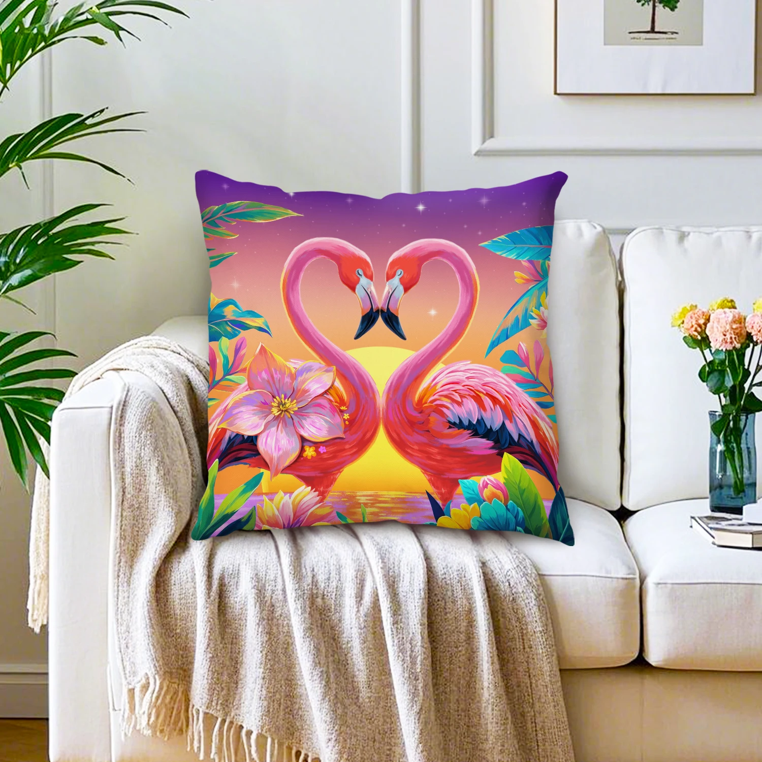 Tropical Flamingo Couple Linen Cushion Cover Hibiscus Floral Botanical Pillowcase Sunset Beach Coastal Decor Sofa Bedroom Patio