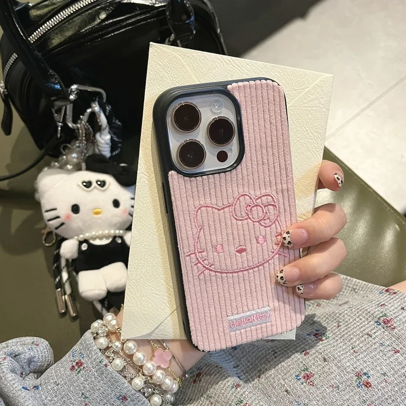 Cute Cartoon Sanrio Hello Kitty  Denim Fabric Embroidery Leather Phone Case For iPhone 16 Pro 15 14 13 12 11 Pro Max Hard Cover