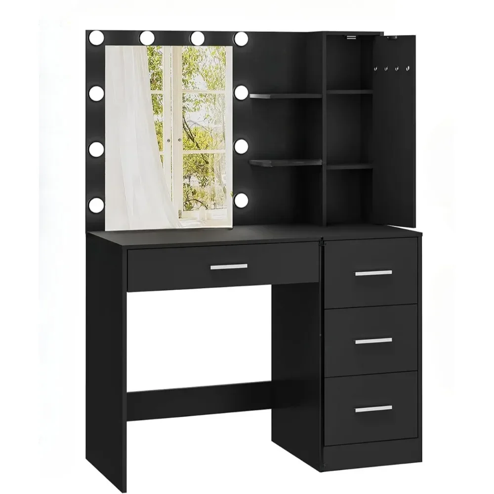 Dresser with light and mirror with 10 LED lights dresser set with 4 drawers cupboard and 4 necklace hooks black Dressers