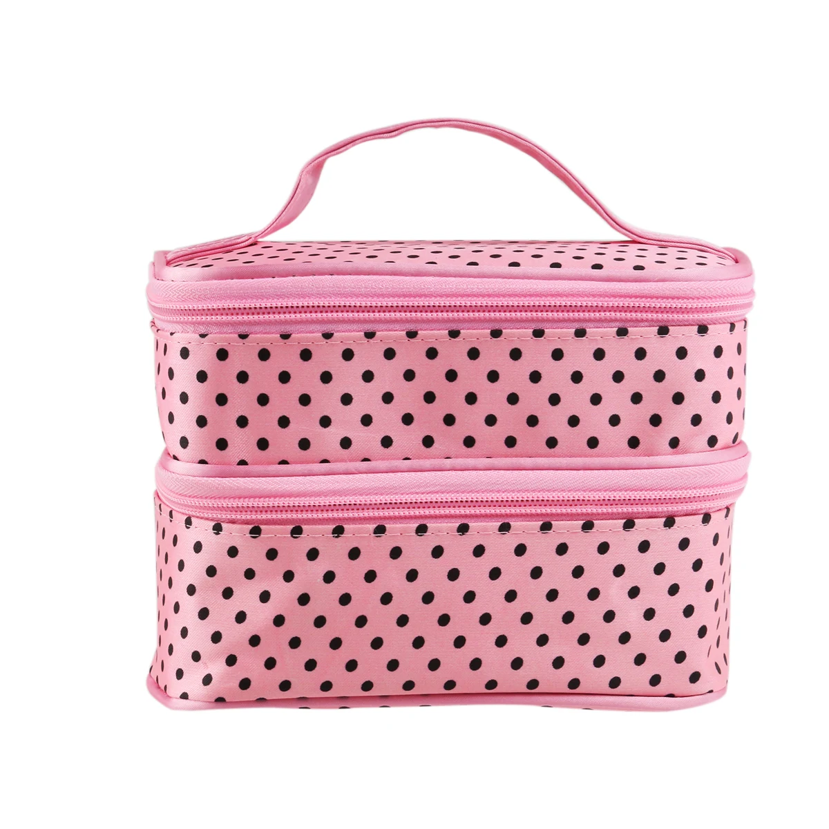 

Sweet Women'S Two Layer Bag Dual Zipper Makeup Organizer Toiletry Pouch With Mirror Hand Strap Pink