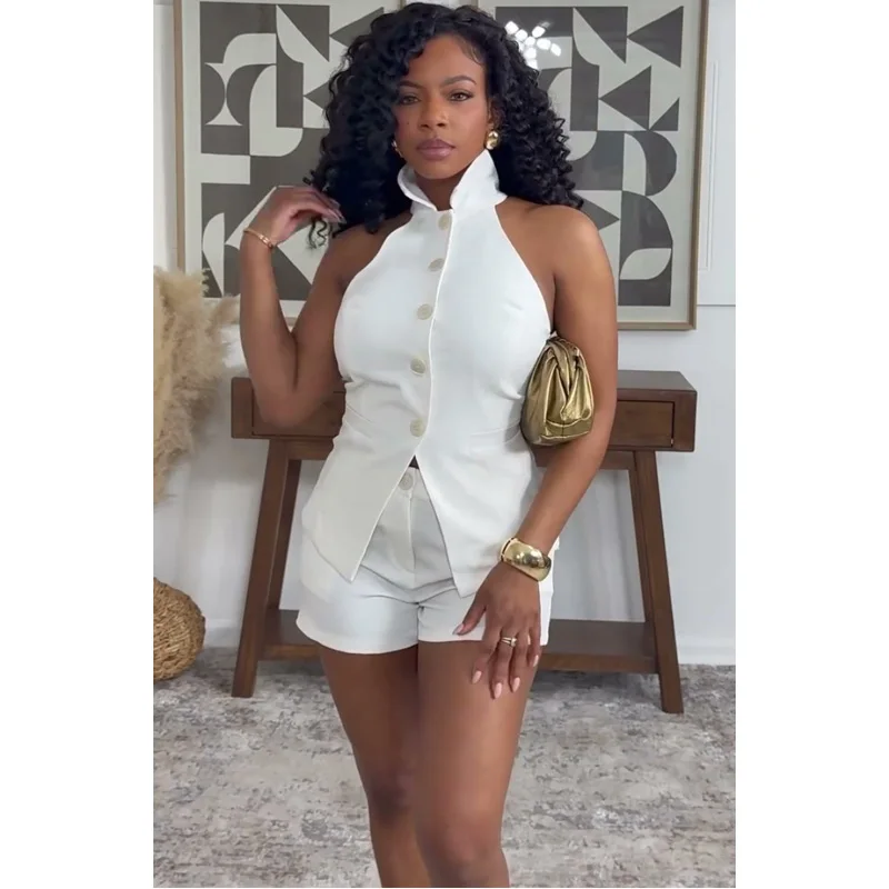 New African Fashion Women Summer Two Piece Set Sleeveless Off Shoulder Vest And Shorts Set