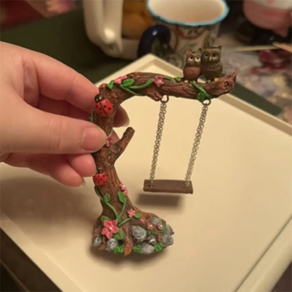 

Durable Cute Garden Owl Swing Statue Funny Handmade Mini Swing Figurine Resin Crafts Owl Stump Ornament Courtyards