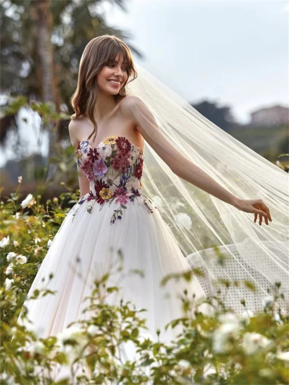 Kyoto Customized Exquisite Colorful Flowers Strapless Wedding Dress A-line Tulle vestidos de novia Chapel Train Evening Dresses image 5
