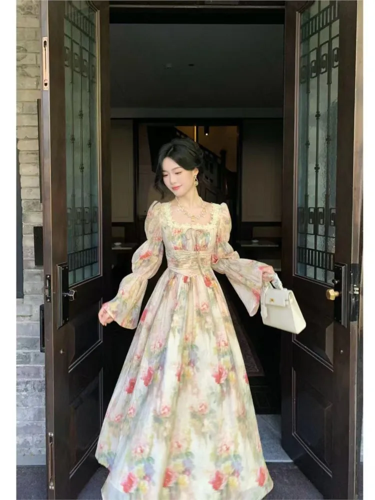 Women French New Painting Printed Long Dress Autumn Square Collar Lantern Sleeve Midi Dress Casual Lace-up Lady Vestidos Largos