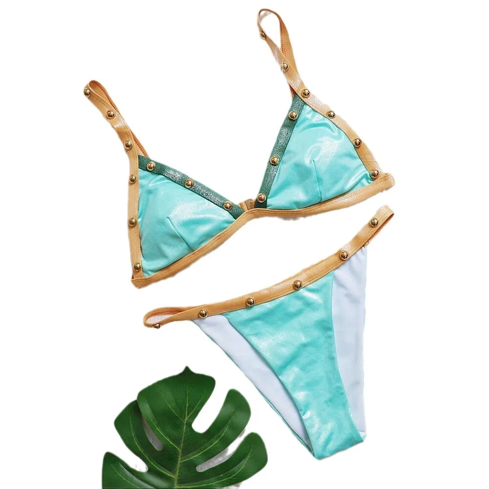 Bikini con cuentas para mujer, bañador sexy azul con correa ajustable para el hombro, traje de baño dividido