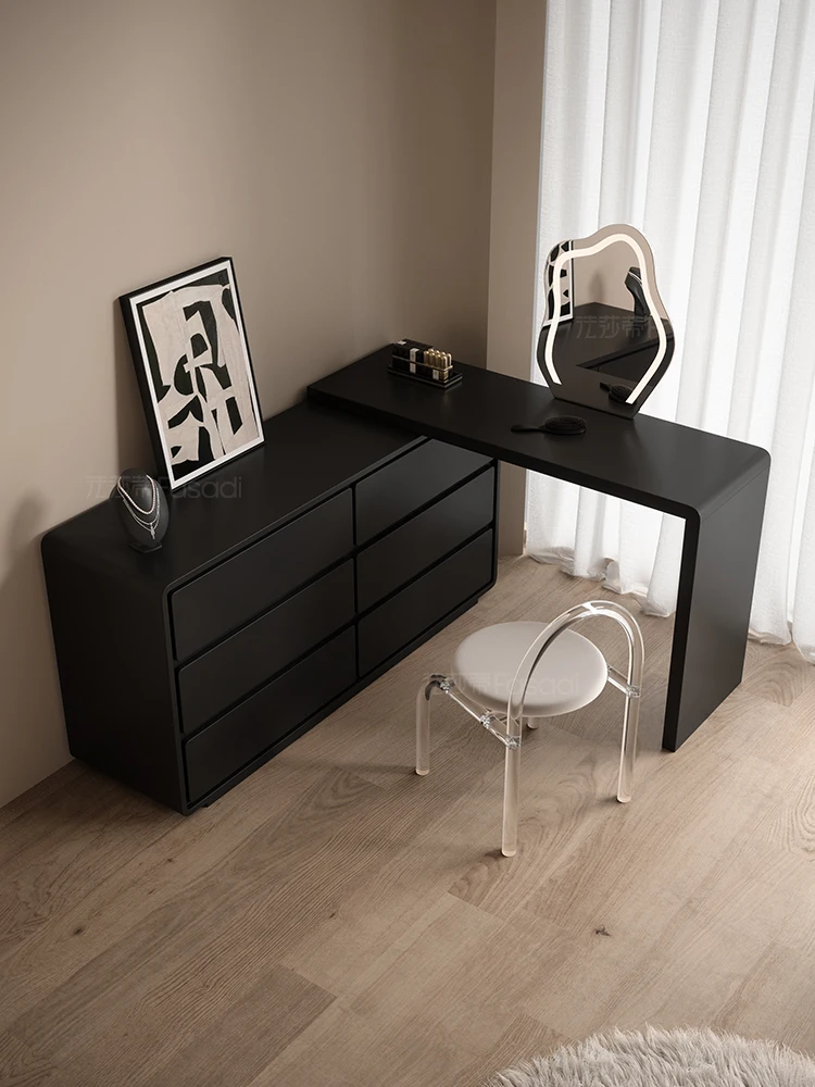 

Dresser, bedroom storage chest integrated, simple black paint retractable makeup table