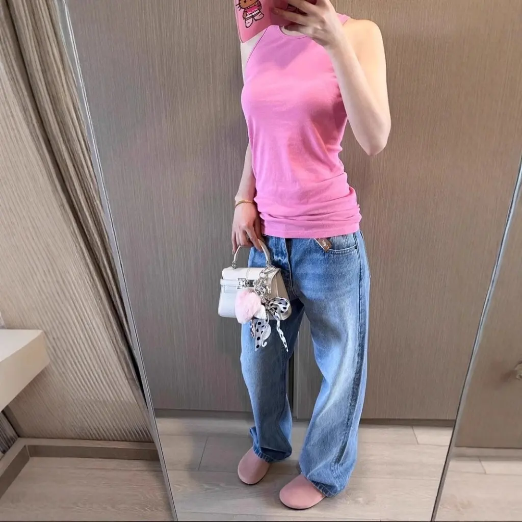

Women's Multicolor Cotton Yarn Sleeveless round Neck T-shirt Summer Basic All-match Vessel Stacking Top 5322