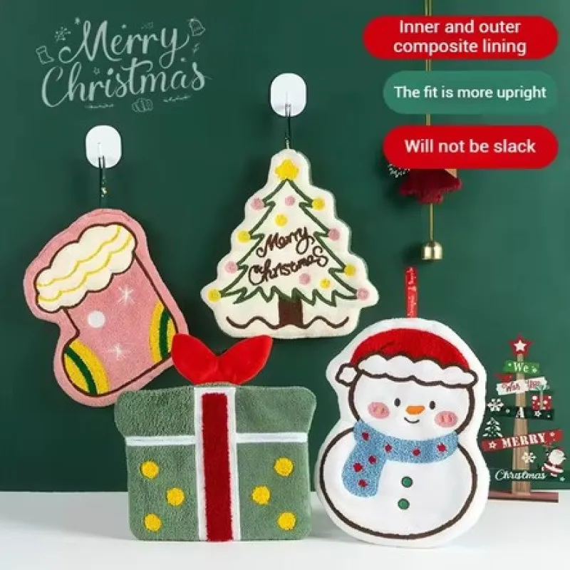 Coral velvet Christmas Hand towel for Kitchen Bathroom Handkerchief Cute Cleaning Towels with Hanging Rope Xmas Decor