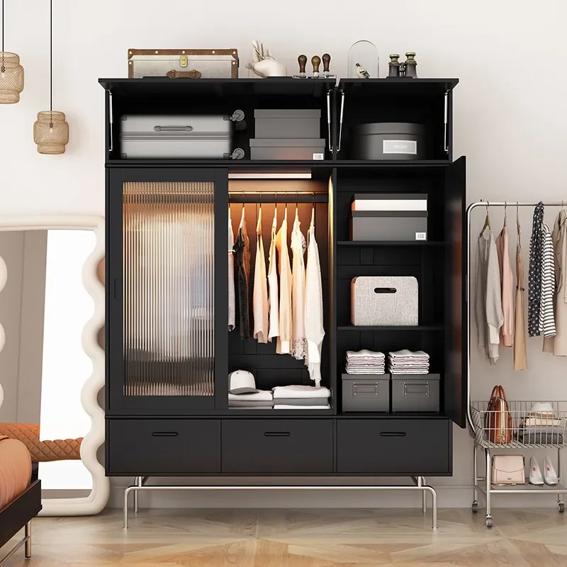 

b18 black European solid wood storage wardrobe retro bedroom sliding door wardrobe