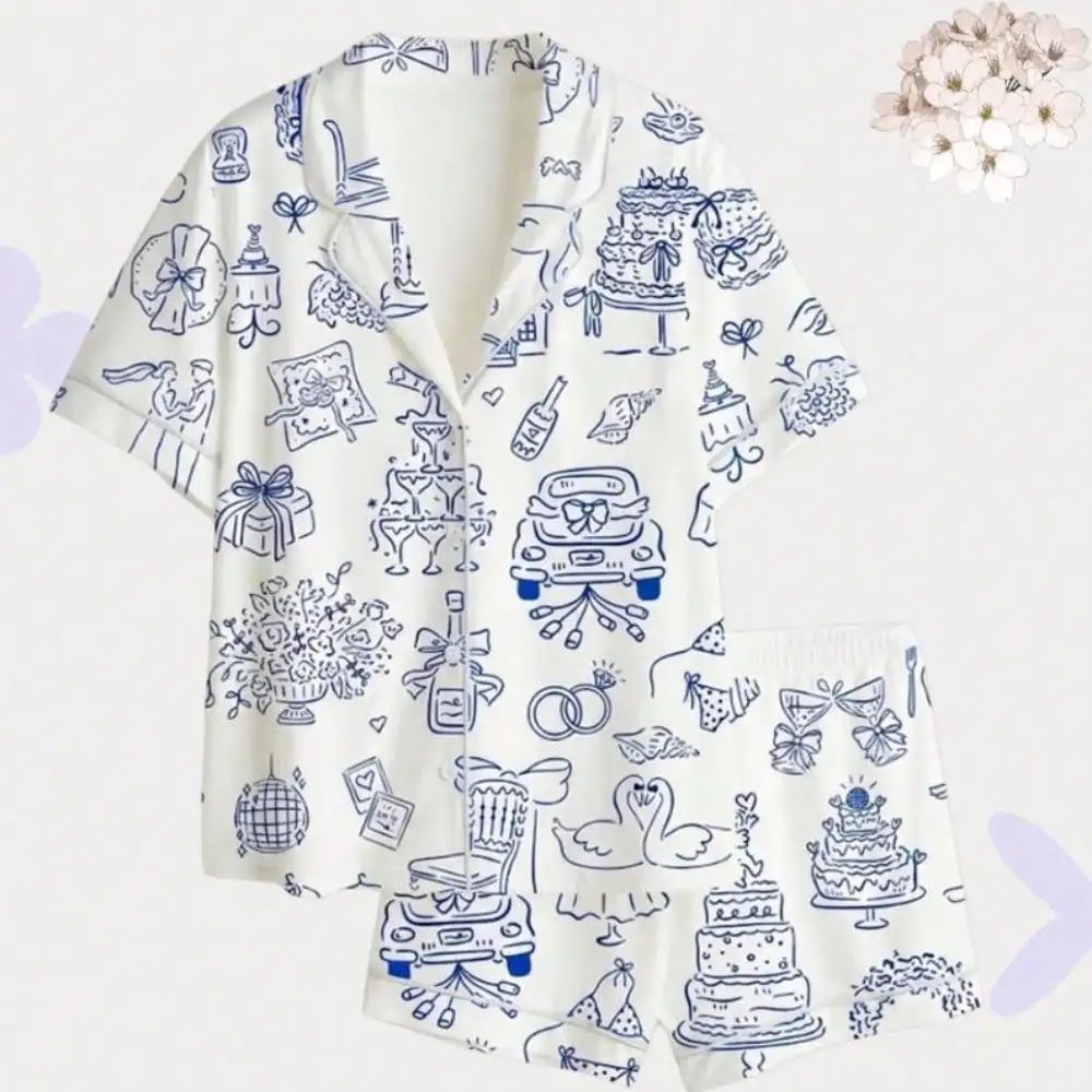 Wedding Pajamas Set  Blue Toile Sketch Bridal PJs  Bachelorette Party & Getting Ready Outfit