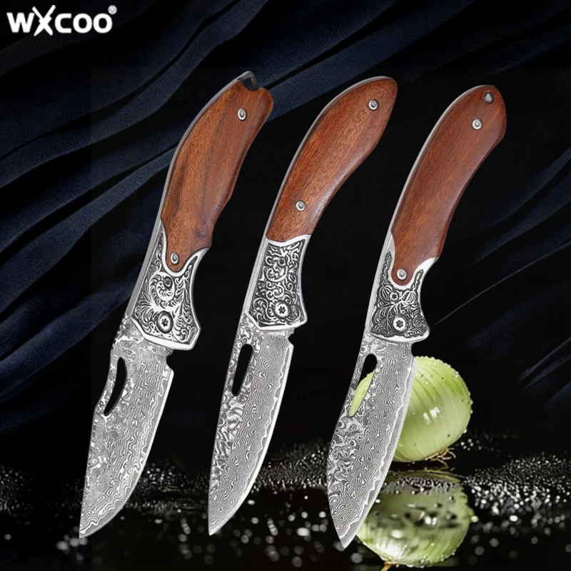 

WXCOO Folding Knife Damascus Pattern Durable Fruit Knife Meat Cleaver Fruit Vegetable Kitchen Pocket Knife Kitchen Accessories