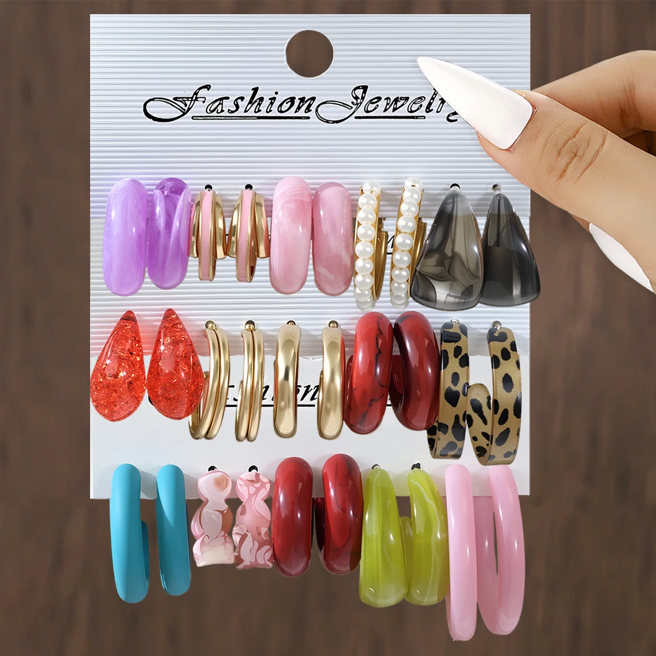 Cross Border Retro High End Multi Color Acrylic Resin Metal C Shaped Leopard Print Hoop Earrings Set For Women