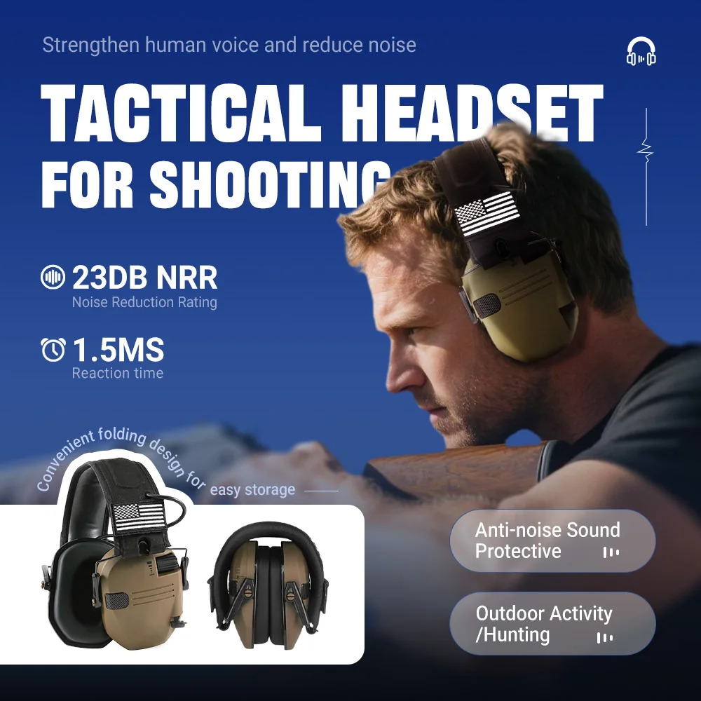 غطاء للأذنين تكتيكي للرماية NRR 23dB مع خاصية إلغاء الضوضاء النشطة وتعزيز الصوت البشري للرياضات الخارجية والسلامة