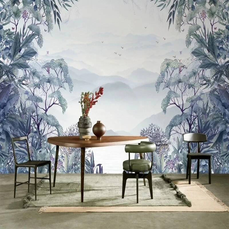 Modern simple and high-end blue bamboo misty landscape decoration picture TV luxury home bedroom background wall