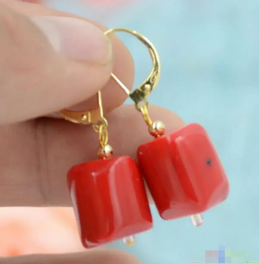 Fine jewelry   10x16mm cylindricality red coral DANGLE EARRING