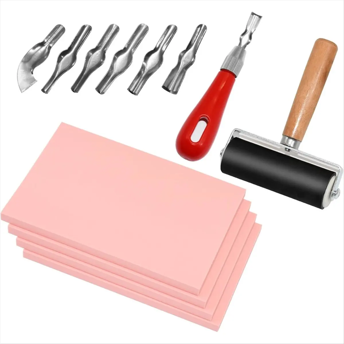DT401 TRENDY~4 Pack Rubber Stamp Carving Blocks Pink Rubber Carving Blocks Linoleum Blocks with Cutter Tools for Stamp Maker