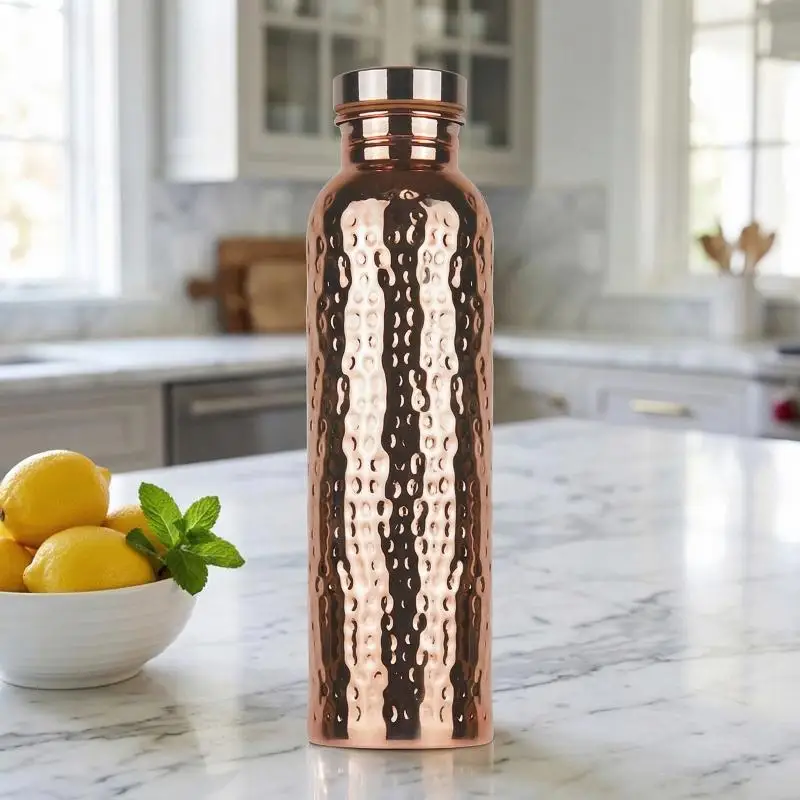 800ML Electroplated Copper Sports Water Bottle One-Click Open Lid Anti-Slip Hammer Pattern Bottle