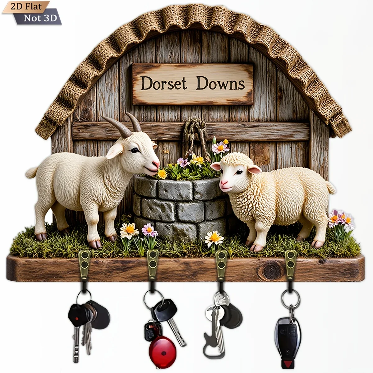 2D Flat, 1pc, Double Squirrel Welcome Country Style Key Hook Wooden Multifunctional Home Key Holder with Four Metal Hooks, Wall