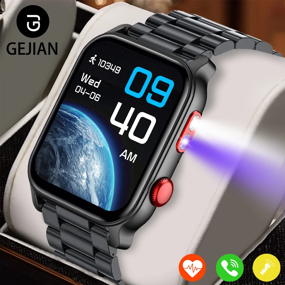 

GEJIAN, новинка 2025 года, мужские умные часы с Bluetooth 5.0 и фонариком, мониторинг сердечного ритма, здоровья, Android iOS, женские умные часы
