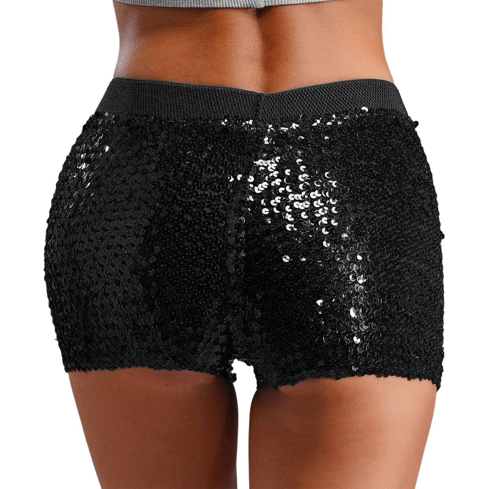 Pantaloncini da donna con paillettes lucide Pantaloni caldi Cintura elastica Pantaloncini a gamba dritta elasticizzati per Pole Dance Club Party Nightclubwear