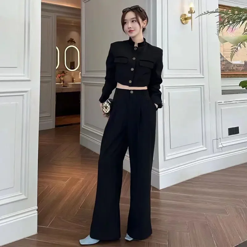 Insozkdg Autumn Small Fragrant Style Standing Collar Blazer Wide Leg Pants Sets Vintage Single Breasted Coat Pants Two Piece Set