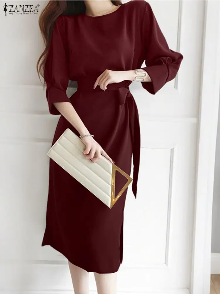 2025 ZANZEA قميص نسائي أنيق Vestidos الخريف 3/4 كم مربوط فستان الشمس للحفلات موضة رقبة مستديرة فساتين متوسطة الطول عادية الصلبة