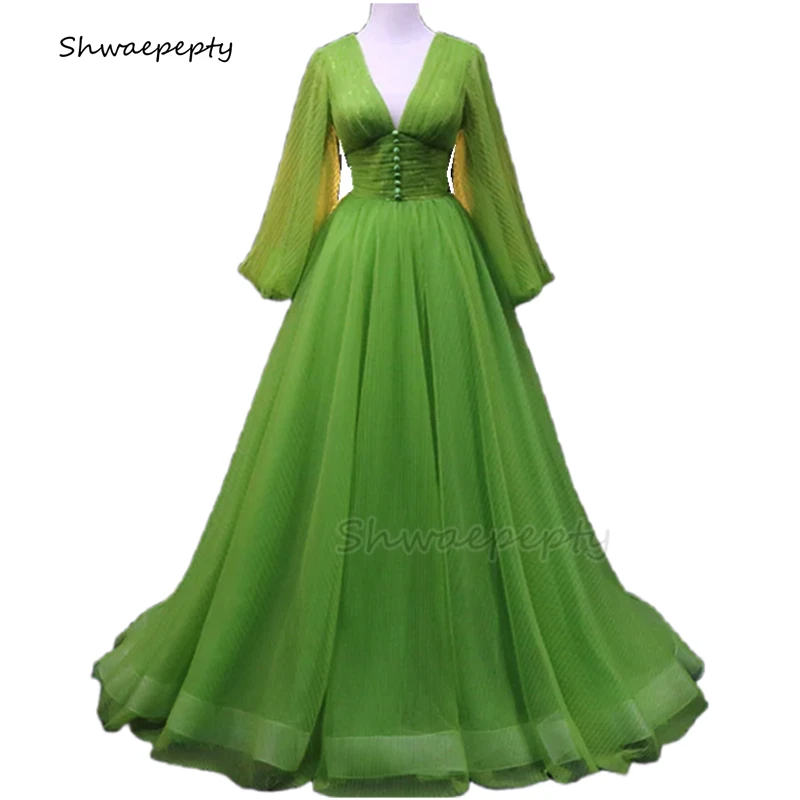 Elegant Green Evening Formal Dress Empire Waist Pleats Tulle A-Line Long Party Prom Gown Full Sleeves V-neck Covered Buttons