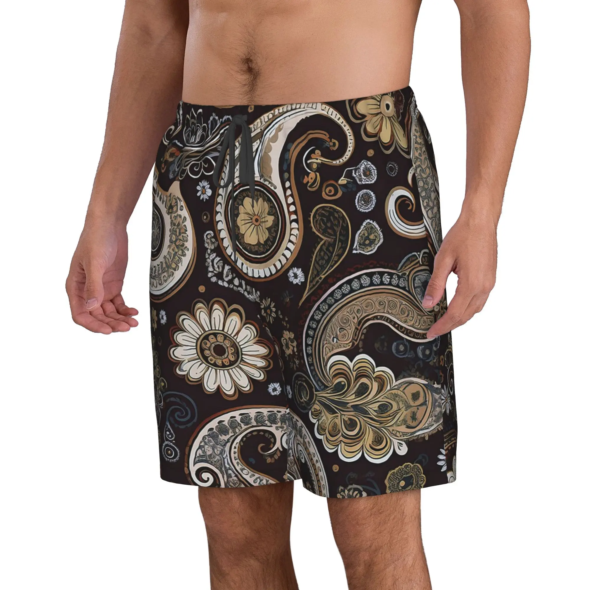 Dark-Colored Paisley Pattern Trunks Beach Board Shorts Casual Quick Dry Swimming Summer Men Pants