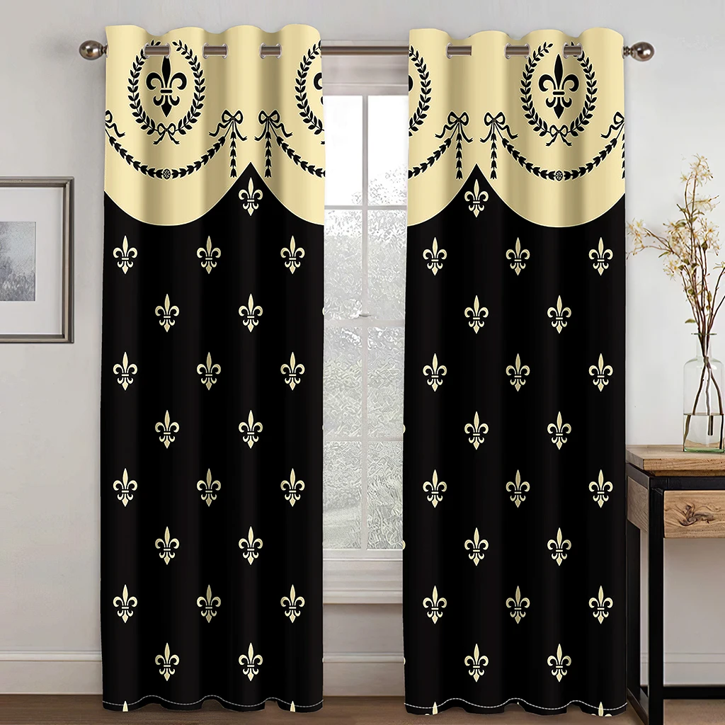 Luxury Gold Black Abstract Geometric European Barquote 2Pcs Window Curtains For Kids Bedroom Living Room Bathroom Kicthen Door