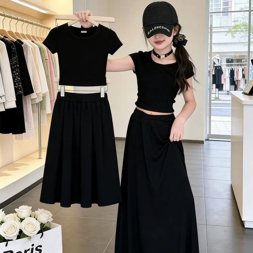 Summer Girls Children Set Short Sleeeve Teenager Black Grey Slim T Shirt Crop Tops + Long Loose Skirt 4 8 10 12 14 Years