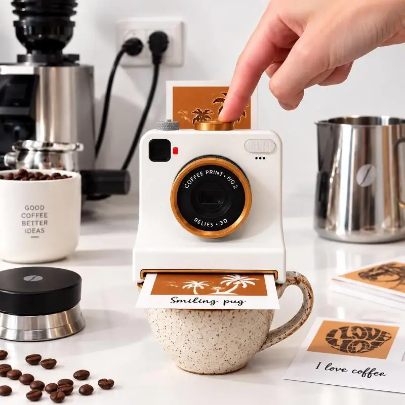 3D Printed Funny Coffee Latte Camera Replaceable Cards One Touch Press DIY Latte Art Camera Tool Vintage Look Included Stencils