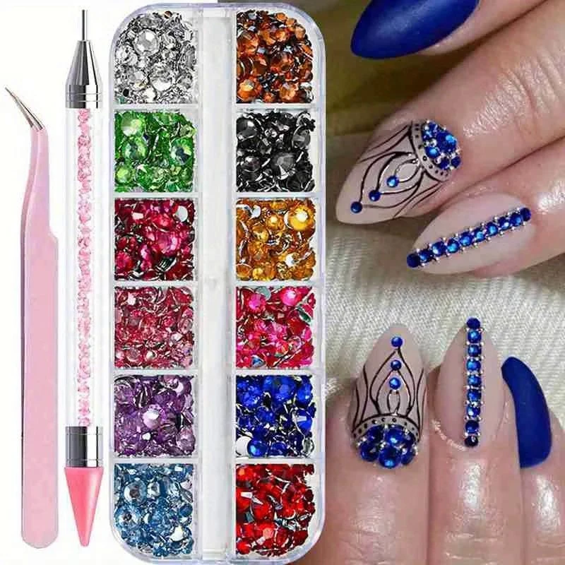 SS6-SS30 Mixed Nail Art Rhinestones Shiny White/White AB Diamond Flat-back Resin Manicure Decoration With Tweezers Dotting Tools