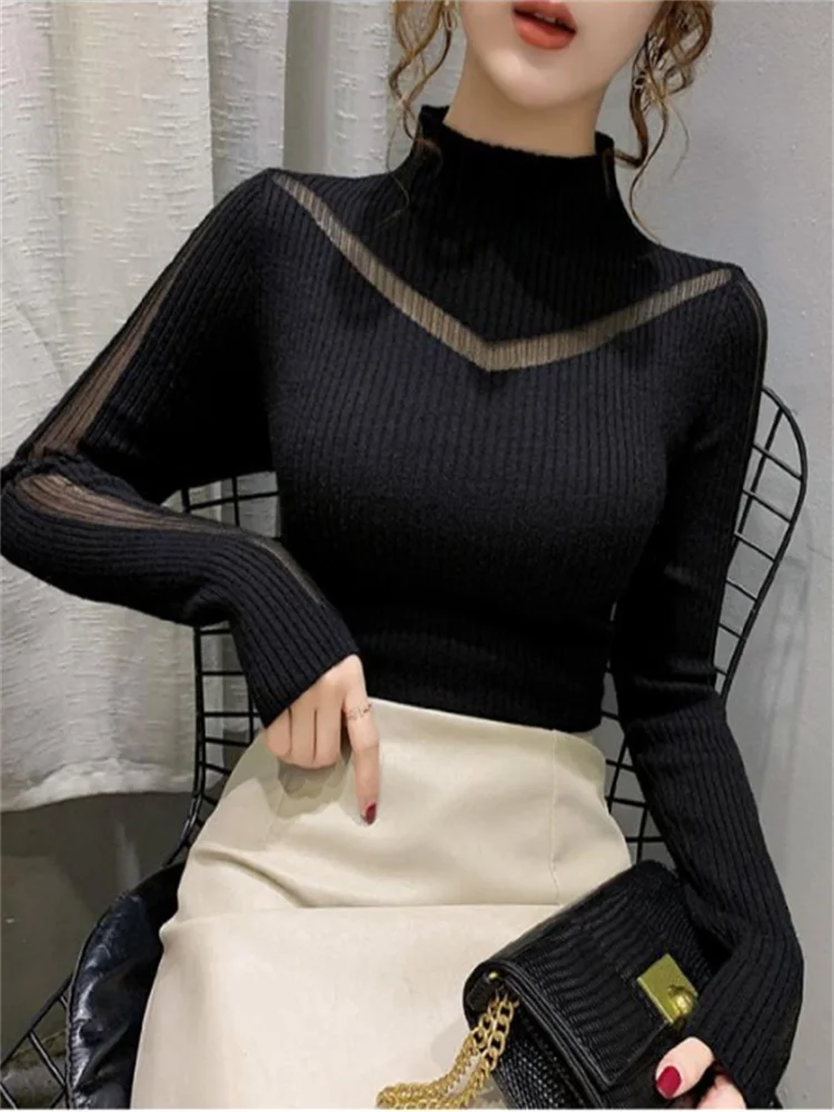 Sexy Long-Sleeved Sweater Women Turtleneck Perspective Net Yarn Splicing Knitwear Bright Pull Ladies Sweaters Pullover Top