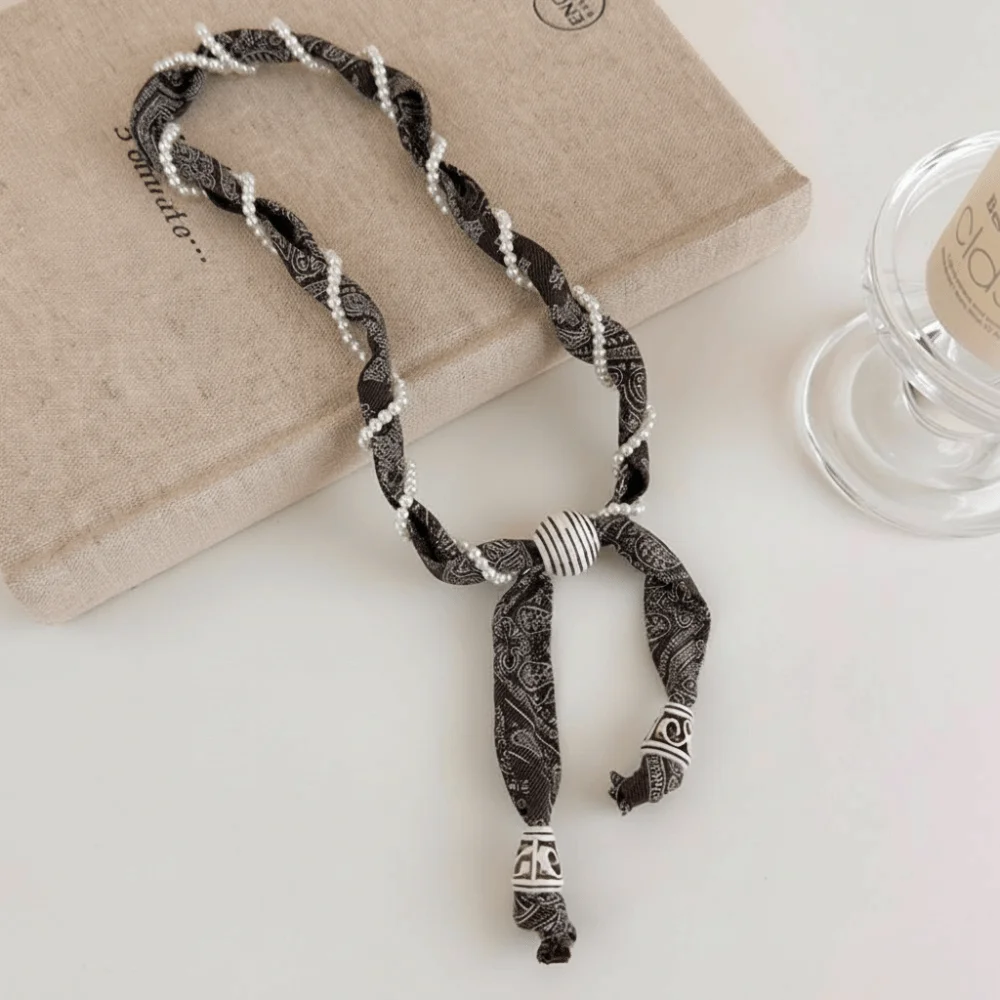 

Vintage Flower Print Cashew Flower Scarf Pearl Scarf Knot Yarn Neck-Wrapping Scarf Resin Wood Beads Long Chain Silk Scarf