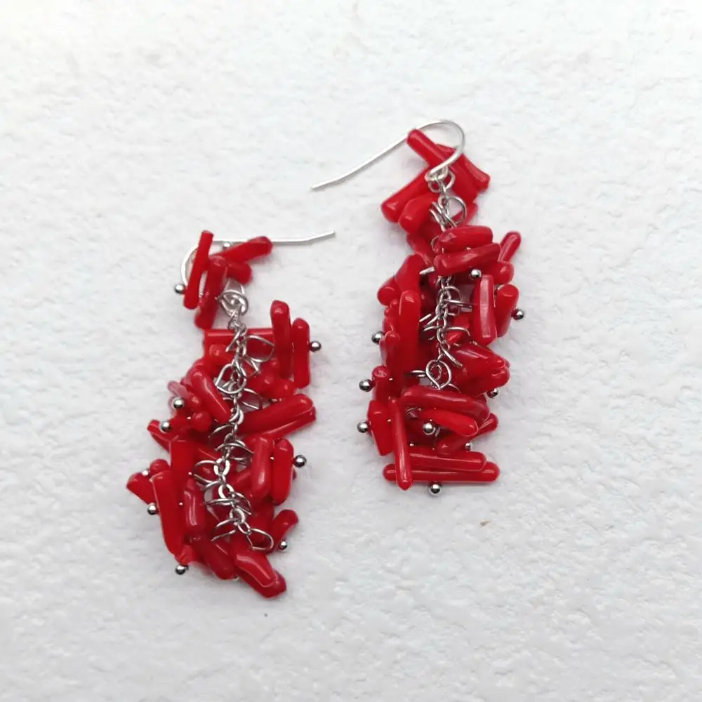 Red Coral Dangle Sivler Hook Earrings