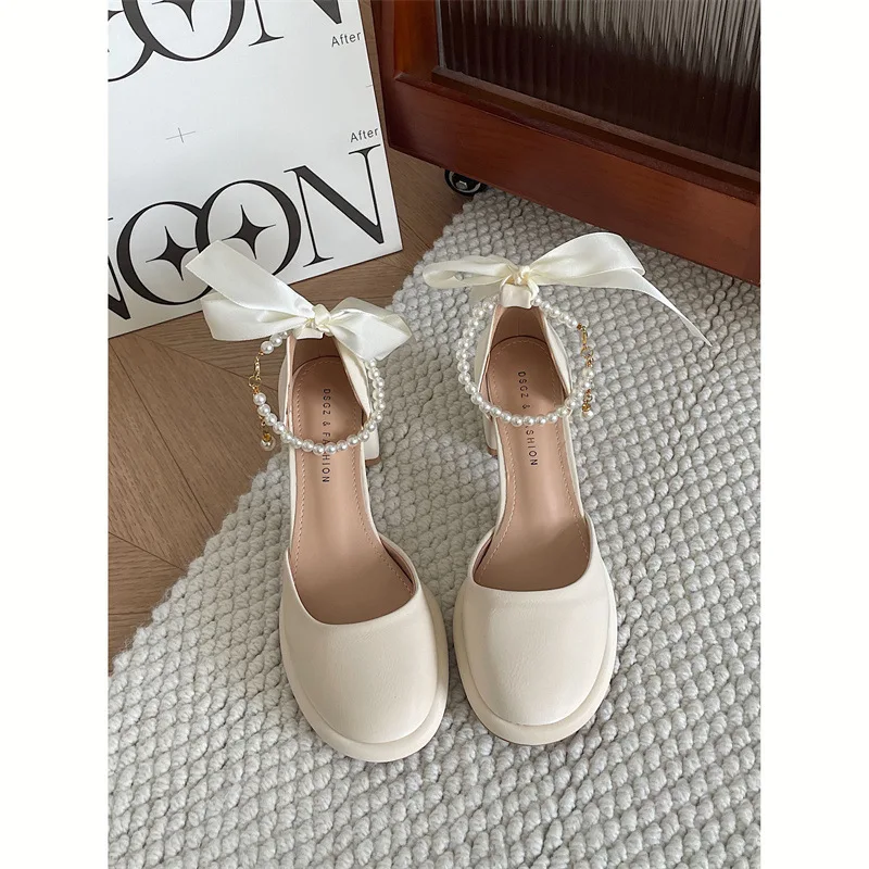 Pearl Sandals Female Shoe Mary Jane 2024 Summer Med High Heels Girls Comfort New Medium Beige Fashion Retro Bow High-heeled