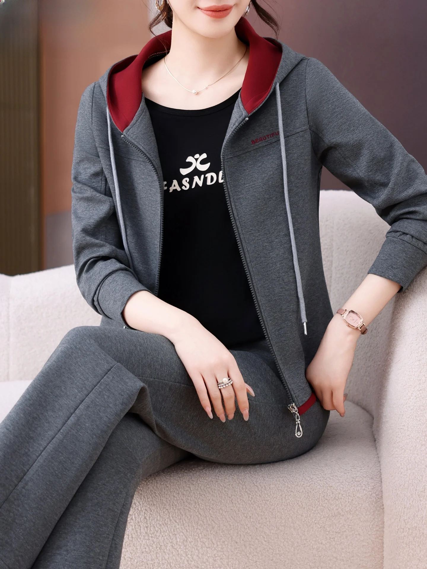 

Спортивный костюм Sli для женщин за пятьдесят лет, весенне-осенняя верхняя одежда в корейском стиле, длинные брюки с эластичной резинкой на талии